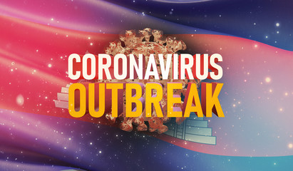 Coronavirus COVID-19 outbreak concept, health threatening virus, background waving national flag of Cambodia. Pandemic stop Novel Coronavirus outbreak covid-19 3D illustration.