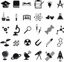 Obraz premium Science vector icon set, education chemistry, physics, biology icons like solar panel, microscope, syringe, DNA molecule and others