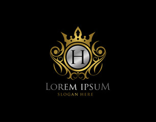 Royal Queen H Letter Gold Logo, Golden H Classic Crown.