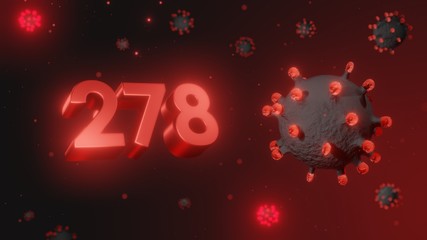 Number 278 in red 3d text on dark corona virus background, 3d render, illustration, virus