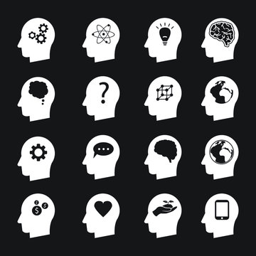 Man head mind thinking vector icon set, ecology, money, connection, love and others