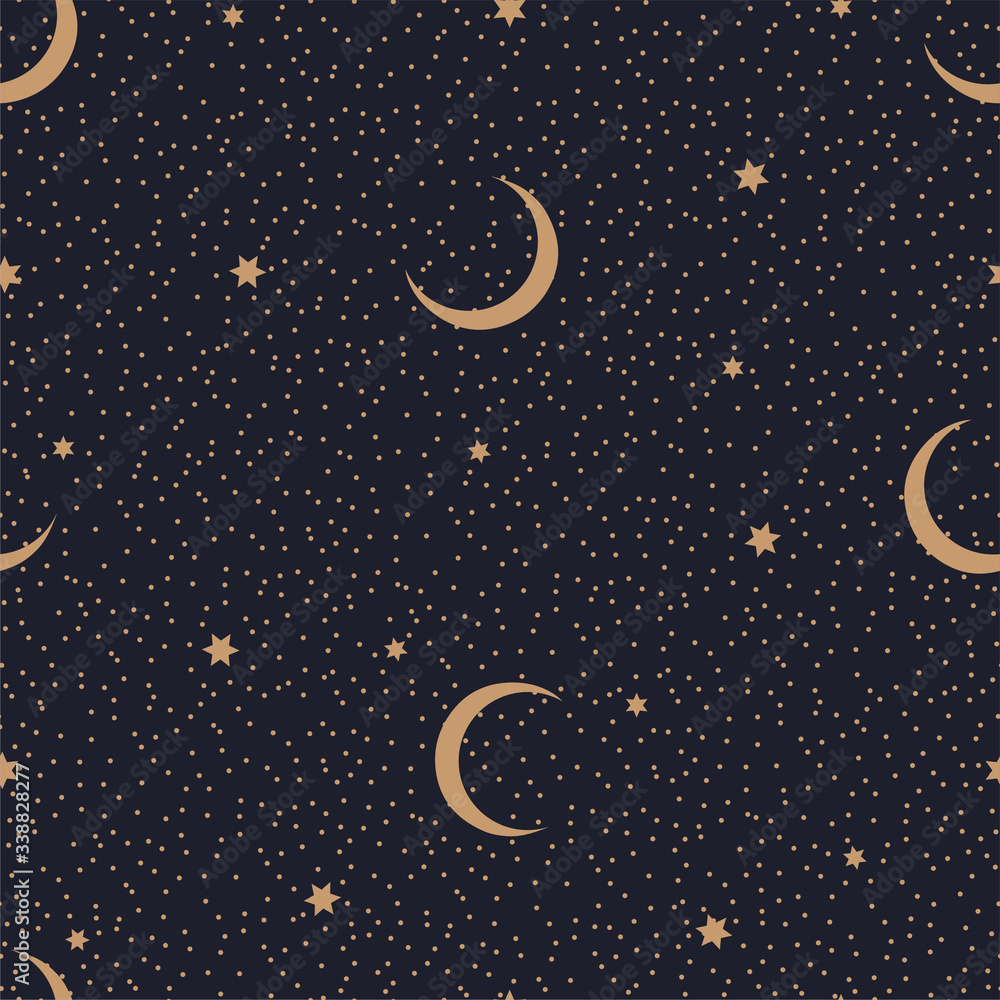 Poster minimalistic seamless abstract pattern with starry sky and moon on a dark background