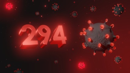 Number 294 in red 3d text on dark corona virus background, 3d render, illustration, virus