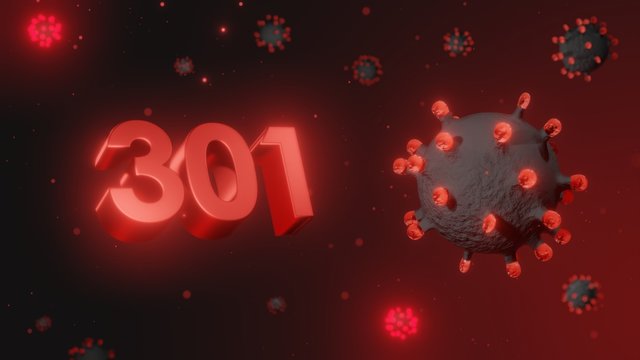 Number 301 in red 3d text on dark corona virus background, 3d render, illustration, virus