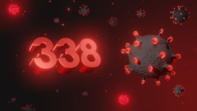 Number 338 in red 3d text on dark corona virus background, 3d render, illustration, virus
