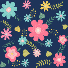Vector floral pattern in doodle style with flowers and leaves. Gentle, spring floral dark background.