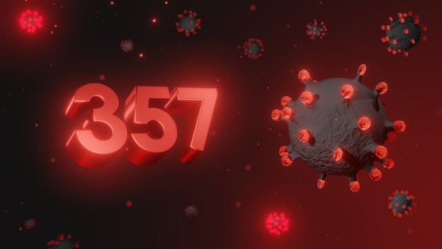 Number 357 in red 3d text on dark corona virus background, 3d render, illustration, virus