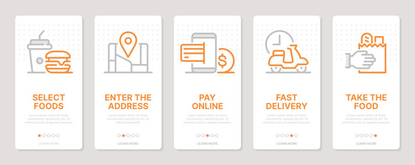 Food delivery related vertical cards. Mobile app onboarding screens. Templates for a website. Icons with editable stroke