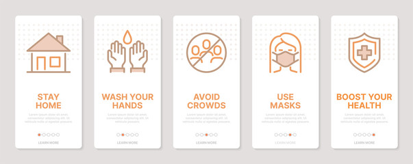 Coronavirus related vertical cards. Mobile app onboarding screens. Templates for a website. Icons with editable stroke