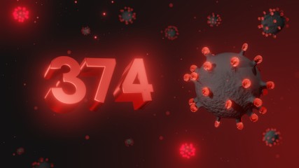 Number 374 in red 3d text on dark corona virus background, 3d render, illustration, virus