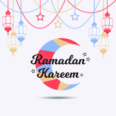 Obraz premium Ramadan kareem greeting with turkish islamic lantern decoration. Flat style colorful vector. Eid greeting.