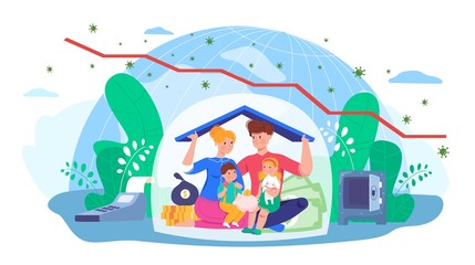 Family protection from covid-19 virus in self-isolation vector illustration. Quarantine, crisis, social distance. Husband and wife hold house roof, protection from global penetrating germ, children