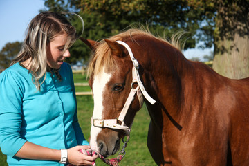 Young girl with horse in sunshine. 