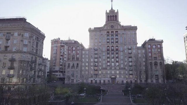 Giant Stalin Soviet Building. Stalin Ampir. Khreshchatyk Street, Kyiv, Ukraine Drone 4k.