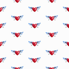 Valentine seamless red heart pattern. Watercolor hand painted love symbol with blue wings and black arrows. Suitable for decorative usage, wrapping paper, background, package, textile.