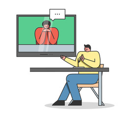 Concept Of Video Conference Or Webinar. Male Character Takes An Online Course Or Video Business Conference With Instructor For Online Education. Cartoon Linear Outline Flat Style Vector Illustration