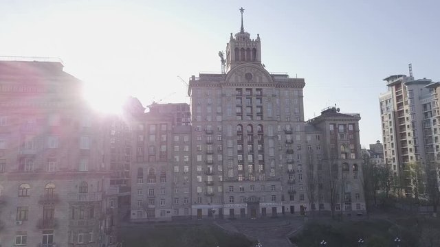 Giant Stalin Soviet Building. Stalin Ampir. Khreshchatyk Street, Kyiv, Ukraine Drone 4k.