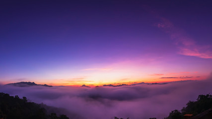 Fototapeta na wymiar The beautiful early morning sky with twilight and waves of fog of Baan Ja Bo village viewpoint Pang Mapha, Mae Hong Son, Northern Thailand. Panorama view