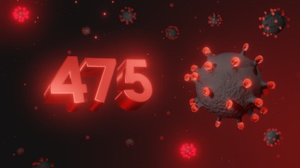 Number 475 in red 3d text on dark corona virus background, 3d render, illustration, virus
