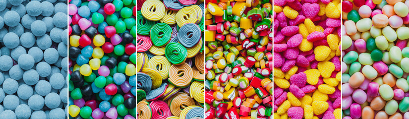 Collage with multi-colored sour and sweet candies
