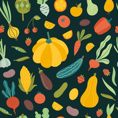 Vegetable and fruit seamless pattern. Vector repeat digital paper with cute healthy eating products. Vegan and vegetarian background