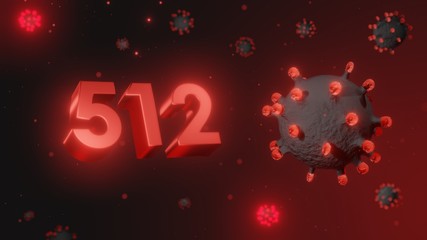 Number 512 in red 3d text on dark corona virus background, 3d render, illustration, virus