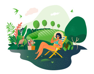 Happy Spring and summer. Relaxing in the garden. A modern flat vector concept illustrates a young woman sitting in a chaise longue. Summer entertainment. Hello, summer. Vector illustration 