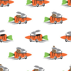 Koel naadloos patroon. Kleine konijntje rijdende auto wortel. Achtergrond voor mode, behang, print, textiel, cadeaupapier en plakboek. Vector illustratie.