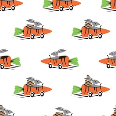 Wallpaper murals Animals in transport Cool seamless pattern. Little bunny driving car carrot. Background for fashion, wallpapers, print, textile, gift wrap and scrapbook. Vector illustration.