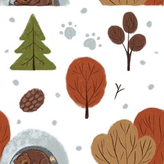 
pattern, winter ornament with trees and bear