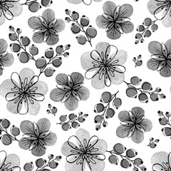 Monochrome black and white floral pattern. Seamless texture of hand drawn flowers and berries