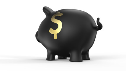 Black Fed Piggy Bank with Dollar Symbol on its Side. Metaphor of finance. Isolated on White background. 3D rendering