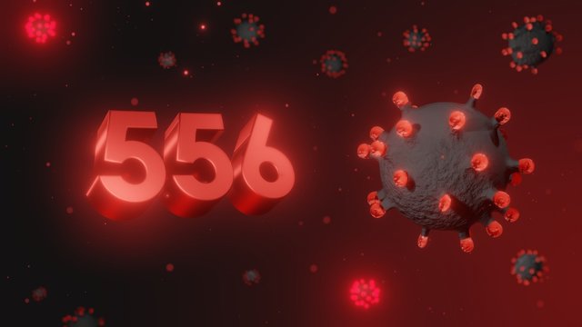 Number 556 in red 3d text on dark corona virus background, 3d render, illustration, virus