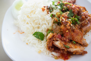 Rice with Spicy Chicken Salad. Popular Thai food.