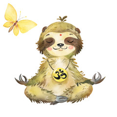 Watercolor illustration of sloth in lotus position, yoga and sloth. © Vladimir Savin