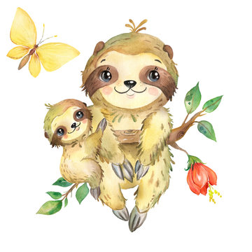 Watercolor illustration of a sloth mom and her cub on a tree.