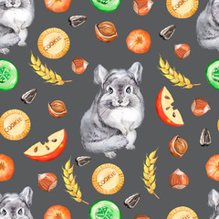 Watercolor pattern with chinchilla, pattern with a pet on a dark background.