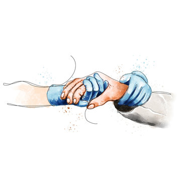 mani che tengono le mani, medico e paziente, empatia, disegno a singola linea continua colorato in stile acquarello