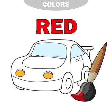 Learn the colors - Red. Coloring book with cartoon car. Page for children