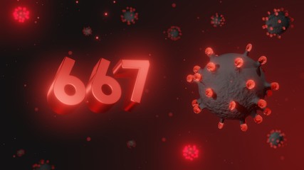 Number 667 in red 3d text on dark corona virus background, 3d render, illustration, virus