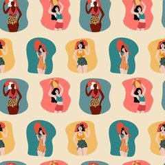 Seamless vector pattern. Hand drawn beautiful ladies. Women posing in colored swimsuits. Young Women Enjoying Summer on the beach. Sunbathing. Cartoon style. Flat design