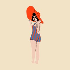 Hand drawn beautiful ladies. Women posing in colored swimsuits. Young Women Enjoying Summer on the beach. Sunbathing. Cartoon style. Flat design