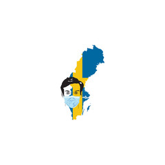 Illustration of man with protection mask and Sweden map at flag symbol background.