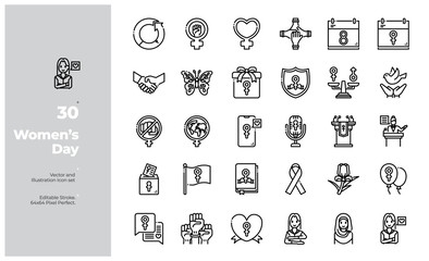 Vector Line Icons Set of International Women's Day Icon. Editable Stroke. Design for Website, Mobile App and Printable Material. Easy to Edit & Customize.