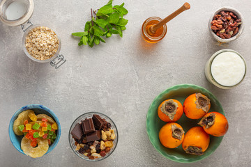 Frame of breakfast foods. Healthy eating concept. Cereals