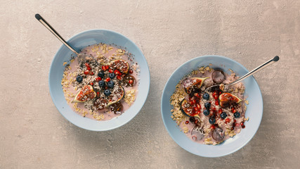 Healthy nutrition is the key to longevity. Oatmeal with yogurt and fruit