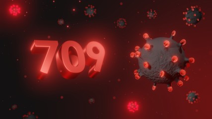 Number 709 in red 3d text on dark corona virus background, 3d render, illustration, virus