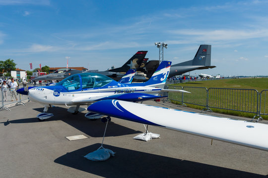 BERLIN, GERMANY - MAY 21, 2014: Italian ultralight aircraft and Light-sport aircraft, Fly Synthesis Texan Top Class 600. Wefly Team. Exhibition ILA Berlin Air Show 2014