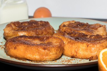 Torrijas, Spanish food typical in Easter Week. It's made of bread, milk, sugar, cinnamon, lemon, eggs.