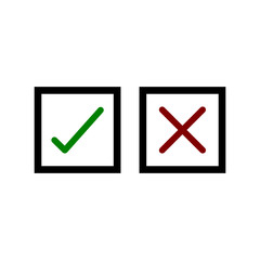 Thin line check mark icons. Green tick and red cross checkmarks flat line icons set. Vector illustration on white background